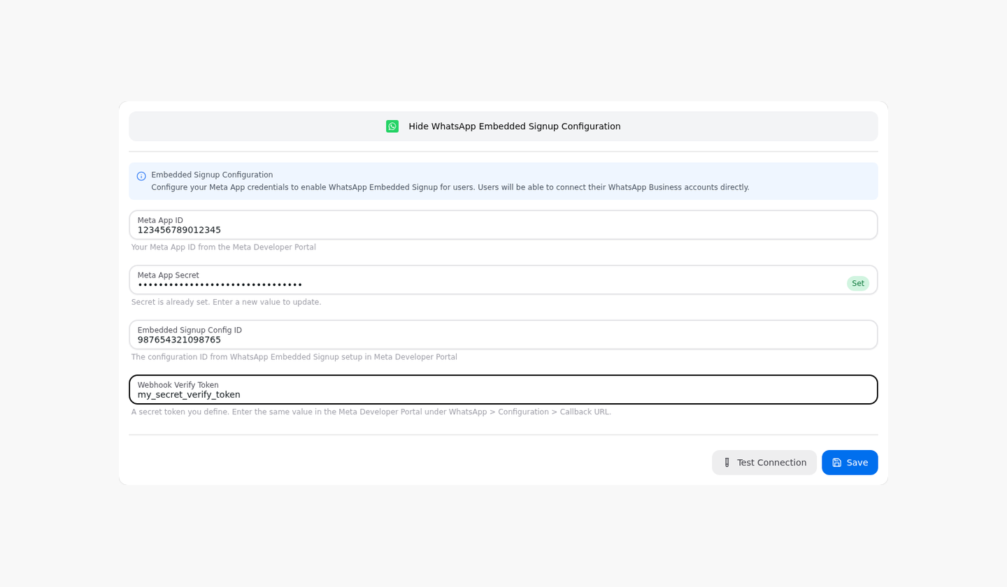 WhatsApp Embedded Signup Configuration card in Settings