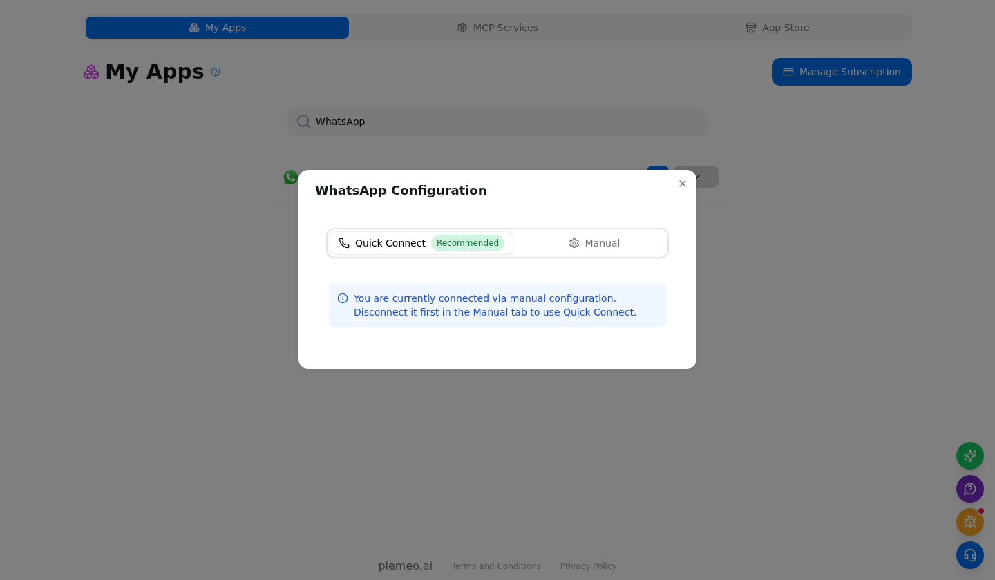 Quick Connect blocked because manual config is active