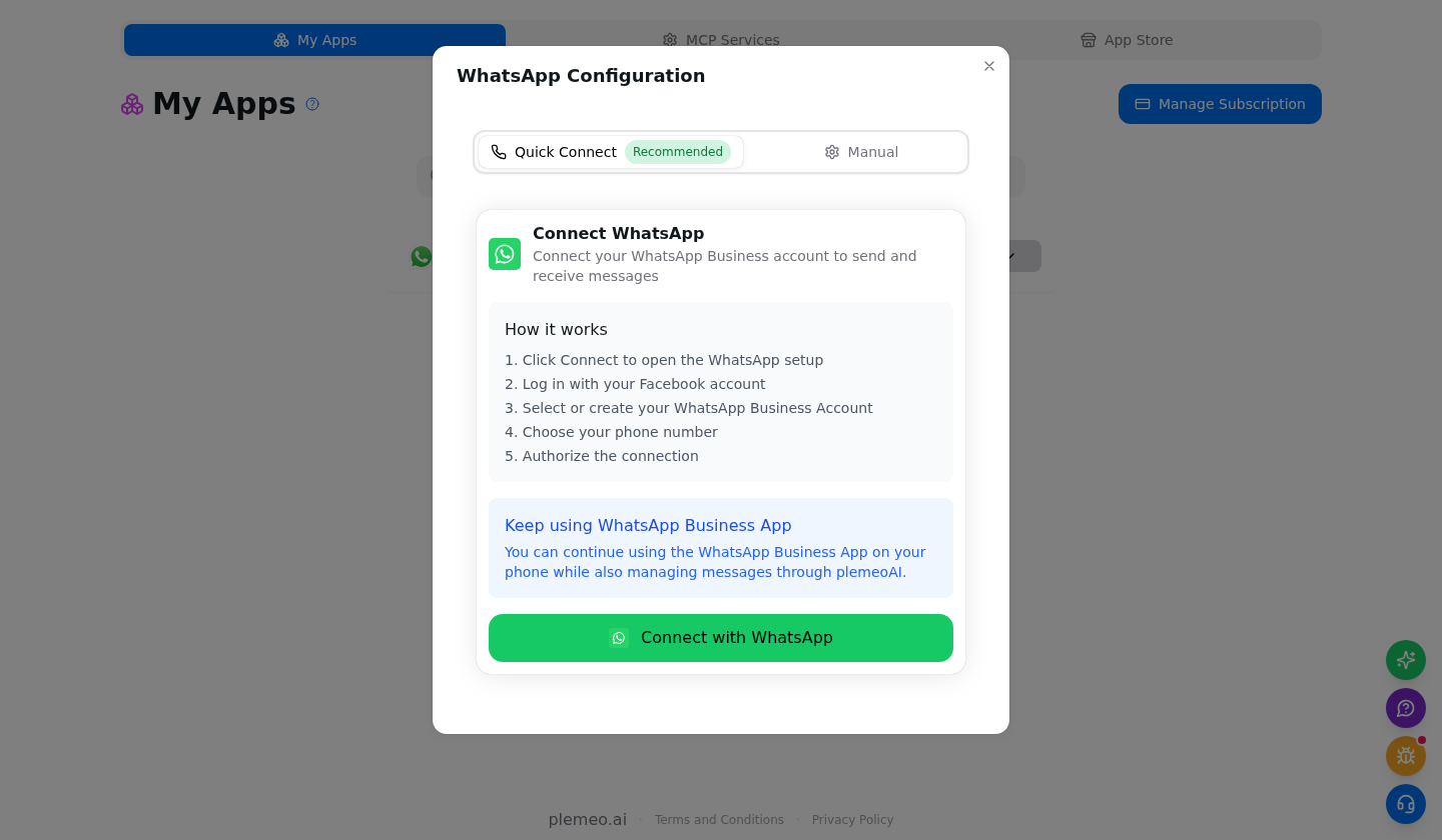 Quick Connect tab in the Apps modal