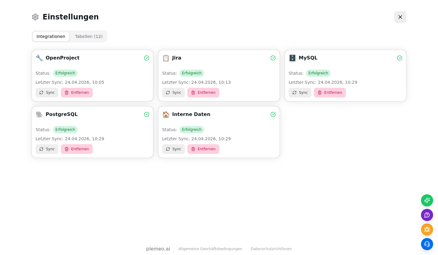 Settings drawer with connected integrations