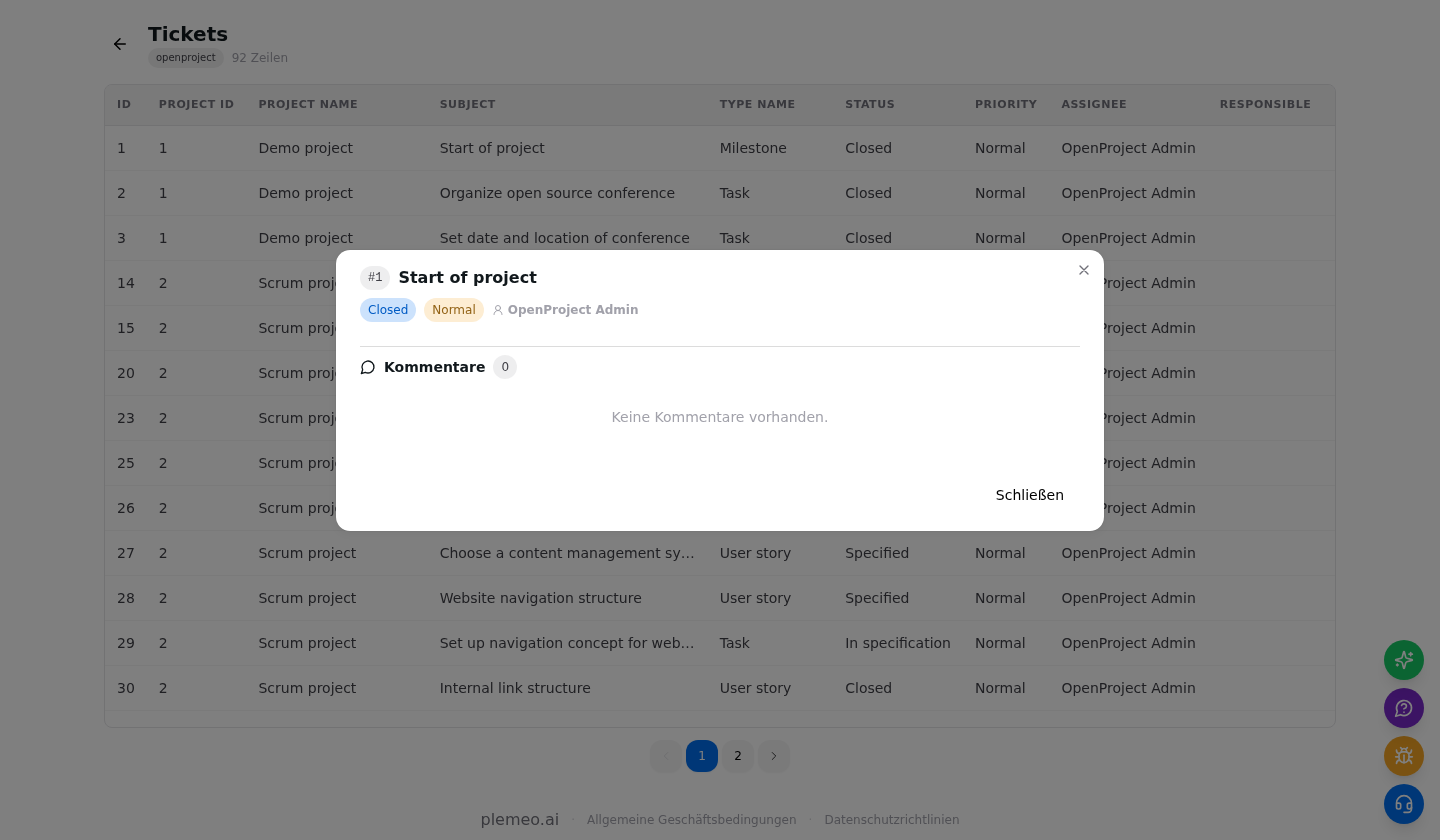 Ticket detail modal with comments
